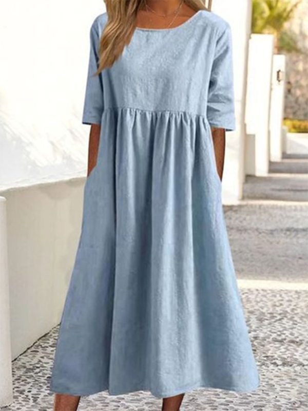 Blue Zone Planet | round neck 5-quarter sleeves large size loose long solid color dress BLUE ZONE PLANET