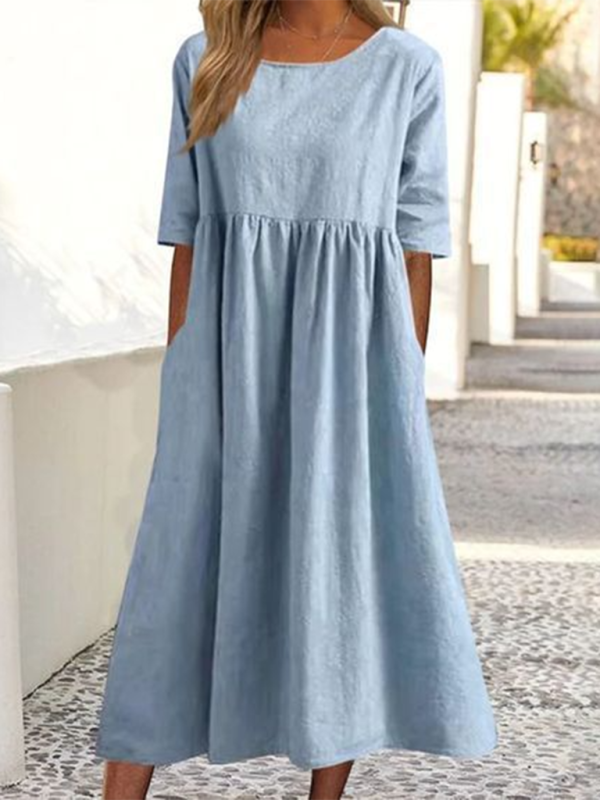 Blue Zone Planet | round neck 5-quarter sleeves large size loose long solid color dress BLUE ZONE PLANET