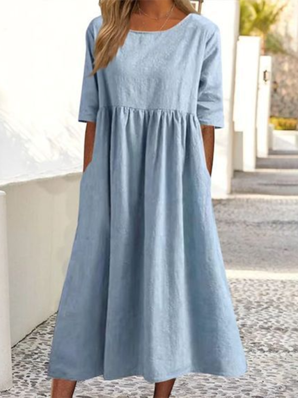 Blue Zone Planet |  round neck 5-quarter sleeves large size loose long solid color dress BLUE ZONE PLANET