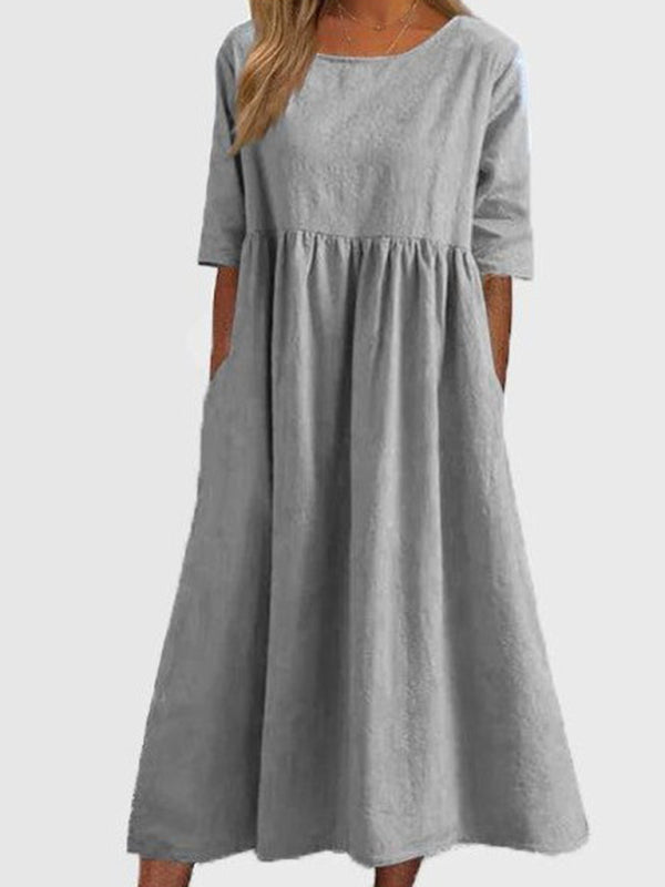 Blue Zone Planet | round neck 5-quarter sleeves large size loose long solid color dress BLUE ZONE PLANET