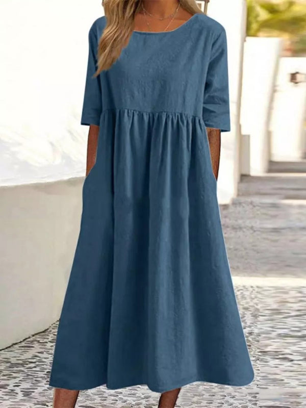 Blue Zone Planet | round neck 5-quarter sleeves large size loose long solid color dress BLUE ZONE PLANET