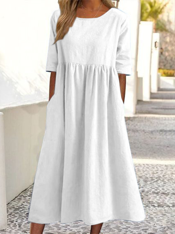 Blue Zone Planet | round neck 5-quarter sleeves large size loose long solid color dress BLUE ZONE PLANET