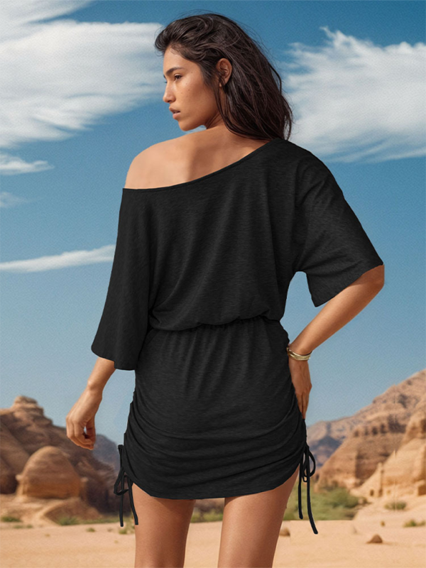 slanted shoulder collar slim drawstring hip-covering dress and skirt BLUE ZONE PLANET