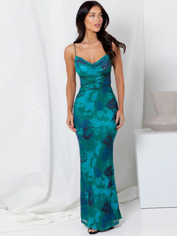 Blue Zone Planet | Bella's backless spaghetti strap slim floral print maxi dress BLUE ZONE PLANET