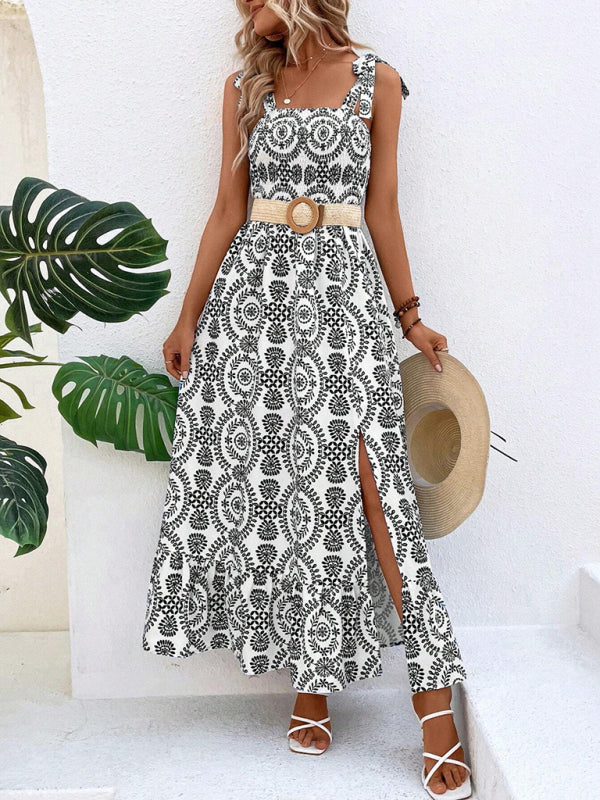 Blue Zone Planet | Women's new summer able strap printed sleeveless slit long dress BLUE ZONE PLANET