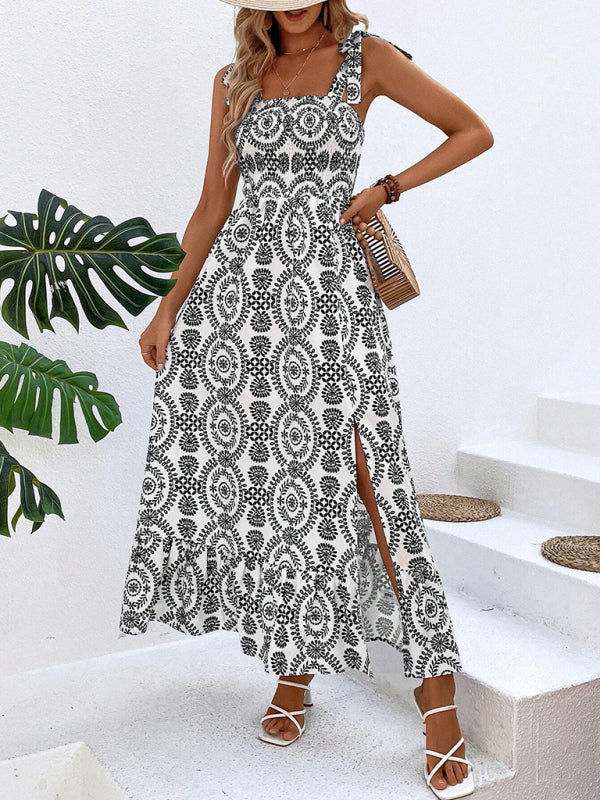 Blue Zone Planet | Women's new summer able strap printed sleeveless slit long dress BLUE ZONE PLANET