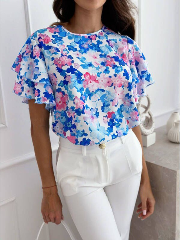 Blue Zone Planet | Summer printed ruffle sleeves, round neck, simple short-sleeved tops BLUE ZONE PLANET