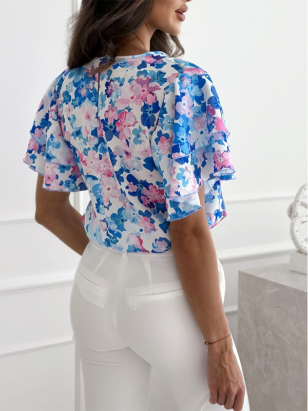 Blue Zone Planet | Summer printed ruffle sleeves, round neck, simple short-sleeved tops BLUE ZONE PLANET