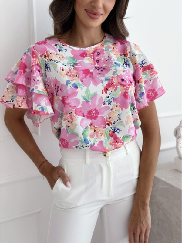 Blue Zone Planet | Summer printed ruffle sleeves, round neck, simple short-sleeved tops BLUE ZONE PLANET