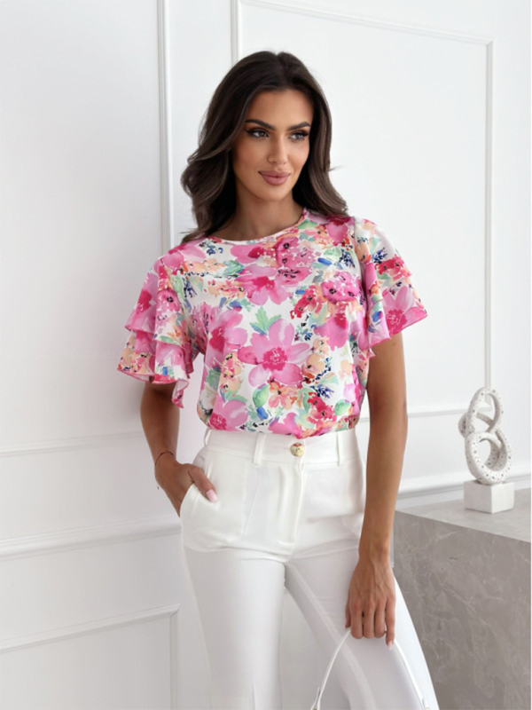 Blue Zone Planet | Summer printed ruffle sleeves, round neck, simple short-sleeved tops BLUE ZONE PLANET