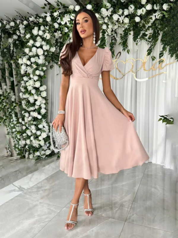 Blue Zone Planet | New Commuting Solid Color V-Neck Waist Puff Sleeve Swing Dress BLUE ZONE PLANET