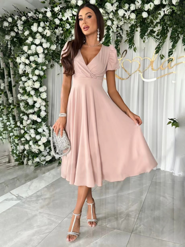 Blue Zone Planet | New Commuting Solid Color V-Neck Waist Puff Sleeve Swing Dress BLUE ZONE PLANET