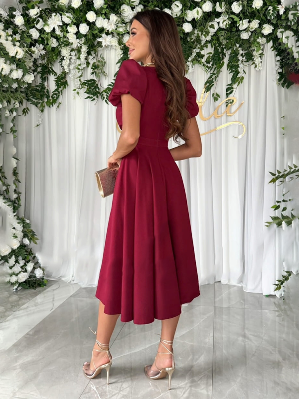 Blue Zone Planet | New Commuting Solid Color V-Neck Waist Puff Sleeve Swing Dress BLUE ZONE PLANET