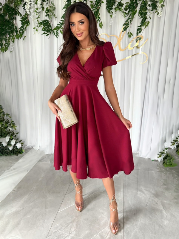 Blue Zone Planet | New Commuting Solid Color V-Neck Waist Puff Sleeve Swing Dress BLUE ZONE PLANET