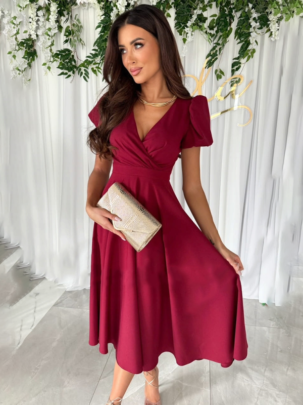 Blue Zone Planet | New Commuting Solid Color V-Neck Waist Puff Sleeve Swing Dress BLUE ZONE PLANET