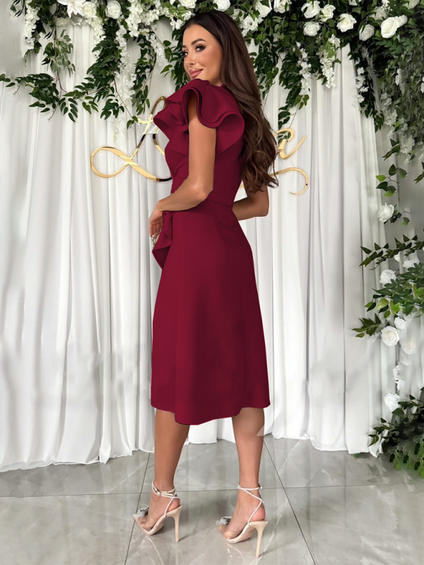 Blue Zone Planet | New Summer Commuting Solid Color V-Neck Waist Ruffle Sleeve Dress BLUE ZONE PLANET