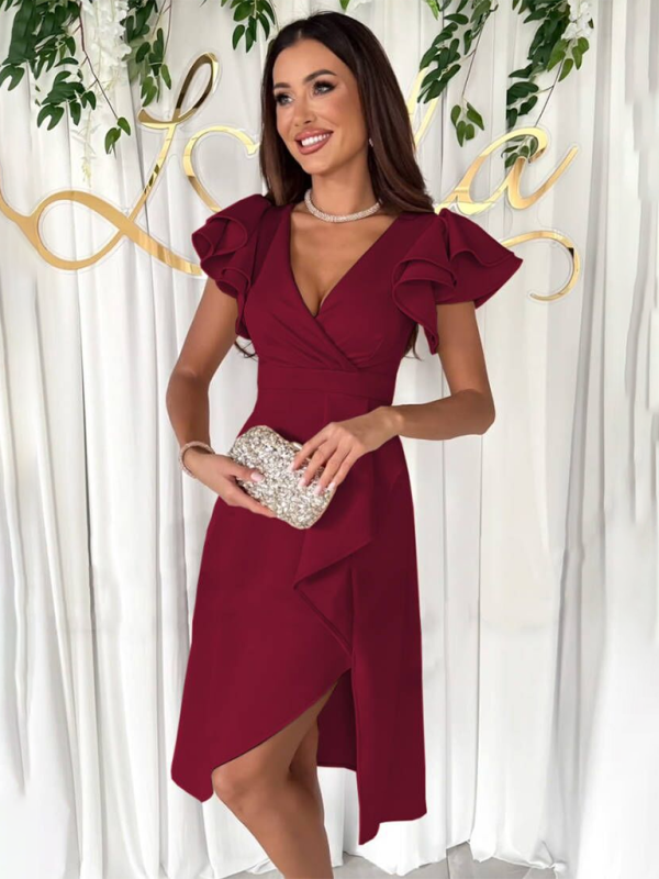 Blue Zone Planet | New Summer Commuting Solid Color V-Neck Waist Ruffle Sleeve Dress BLUE ZONE PLANET