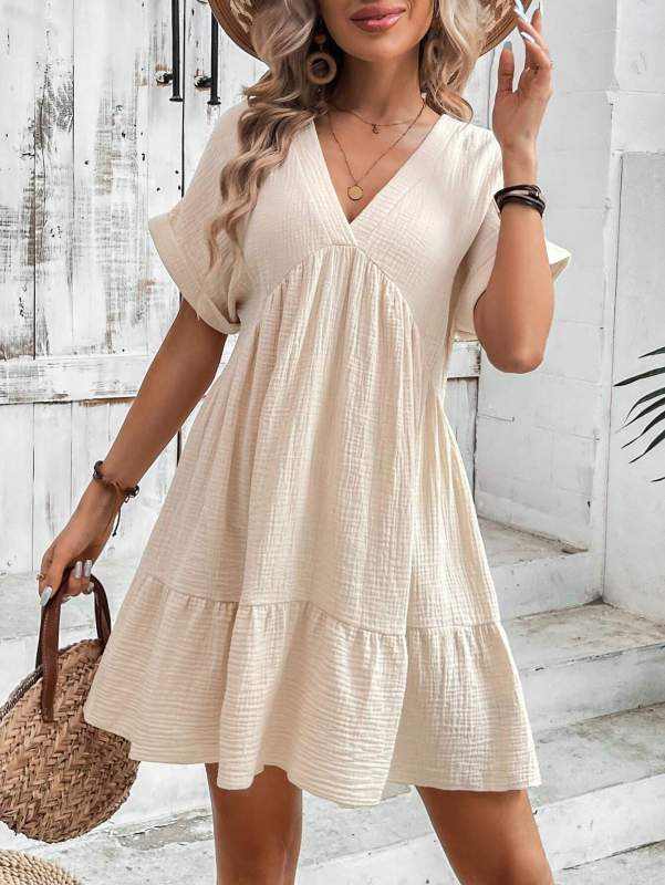 Blue Zone Planet | New solid color V-neck loose pleated dress BLUE ZONE PLANET