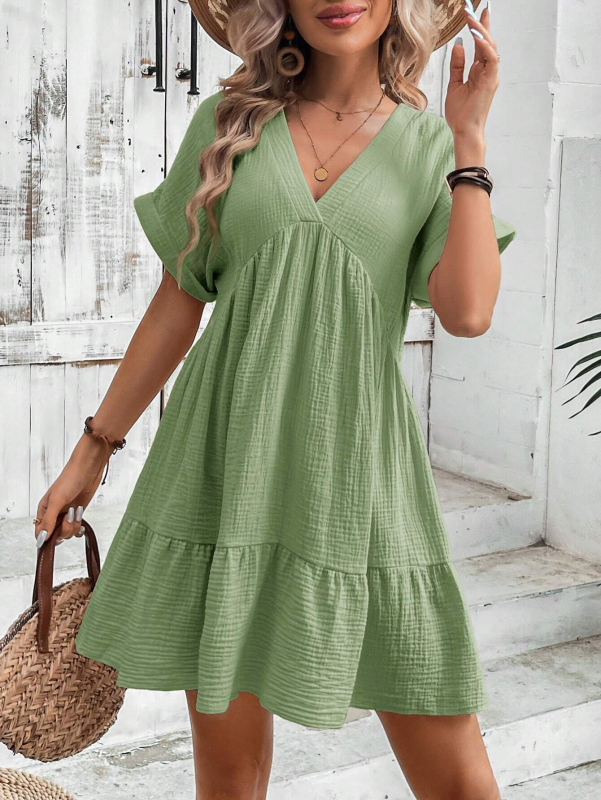 Blue Zone Planet | New solid color V-neck loose pleated dress BLUE ZONE PLANET