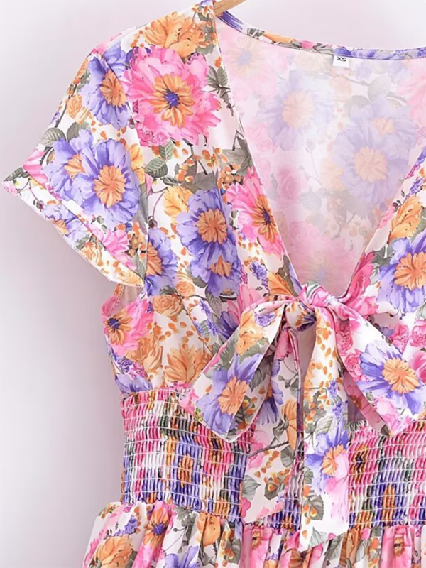 Blue Zone Planet | French floral chest tie waist stitching A-line skirt short-sleeved mini dress BLUE ZONE PLANET