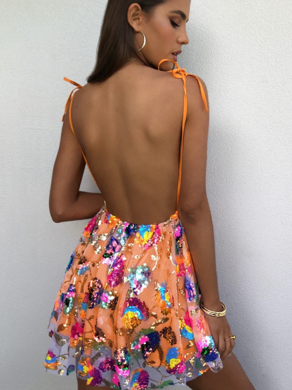 Blue Zone Planet | Deep V Backless Sequin Floral Strappy Short Dress BLUE ZONE PLANET