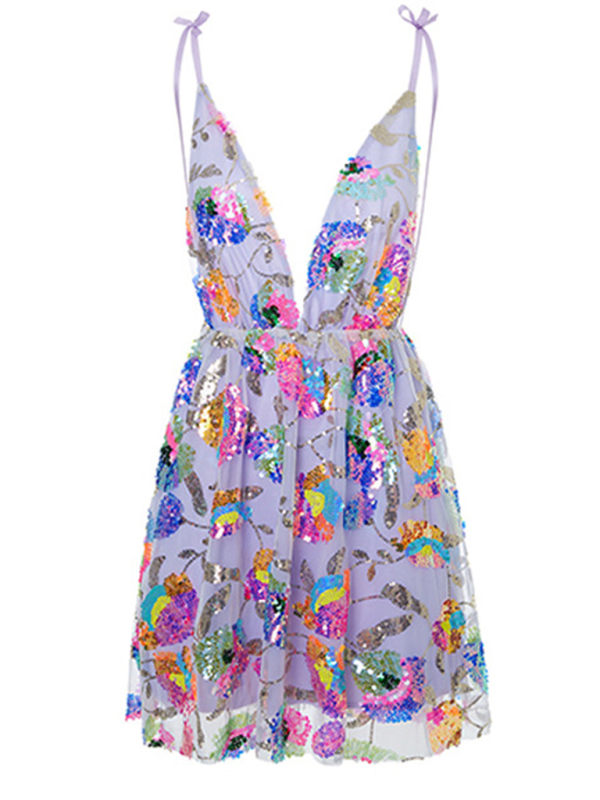 Blue Zone Planet | Deep V Backless Sequin Floral Strappy Short Dress BLUE ZONE PLANET