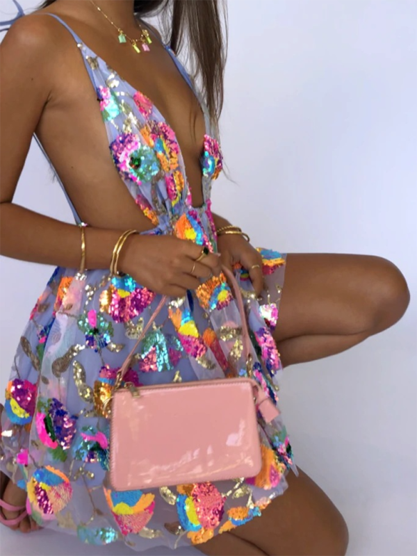 Blue Zone Planet | Deep V Backless Sequin Floral Strappy Short Dress BLUE ZONE PLANET