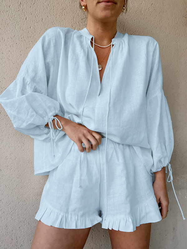 Blue Zone Planet | solid color loose V-neck lantern sleeve lace-up high-waisted shorts two-piece set BLUE ZONE PLANET