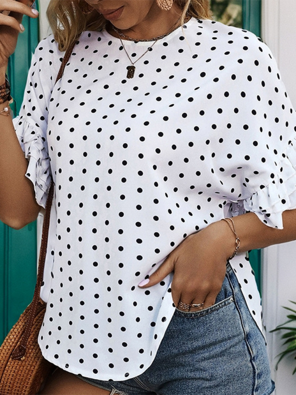Blue Zone Planet | summer polka dot bat sleeve ruffle shirt top BLUE ZONE PLANET