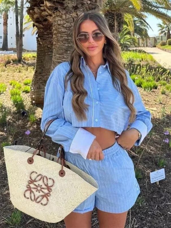 Blue Zone Planet | able contrast striped short shirt + shorts two-piece set BLUE ZONE PLANET