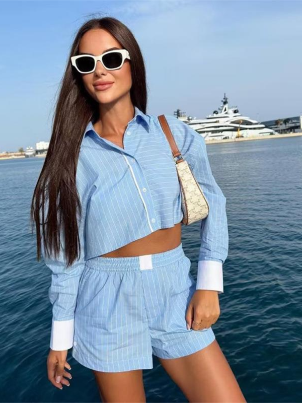 Blue Zone Planet | able contrast striped short shirt + shorts two-piece set BLUE ZONE PLANET