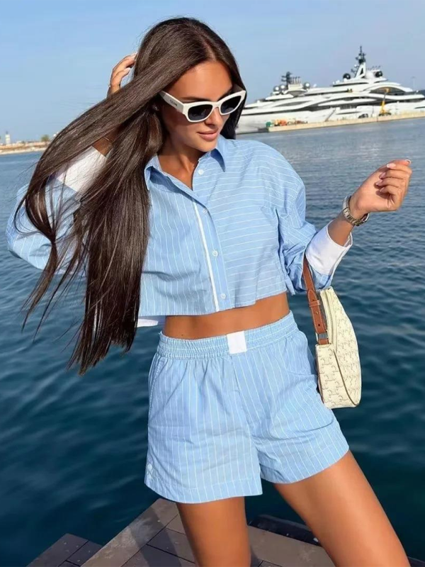 Blue Zone Planet | able contrast striped short shirt + shorts two-piece set BLUE ZONE PLANET