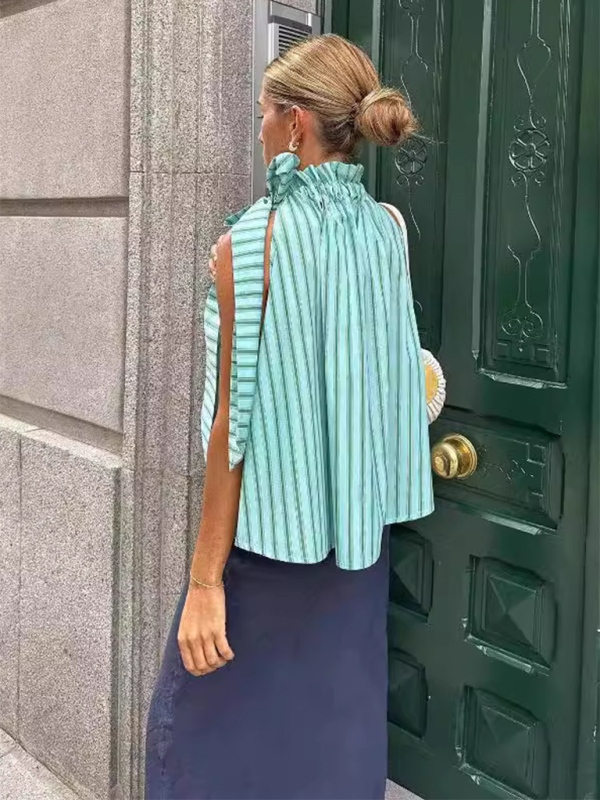 Blue Zone Planet | loose ruffle collar sleeveless striped top BLUE ZONE PLANET