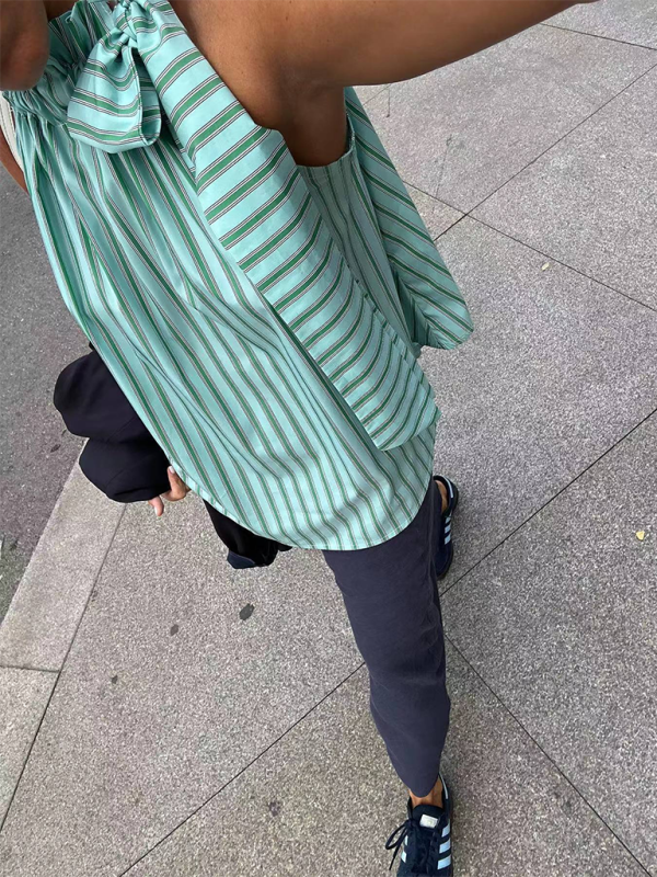 Blue Zone Planet | loose ruffle collar sleeveless striped top BLUE ZONE PLANET