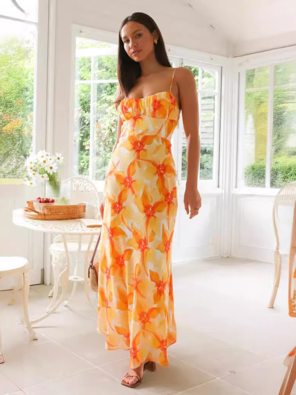 Blue Zone Planet | Fresh and sweet summer floral print backless midi dress BLUE ZONE PLANET