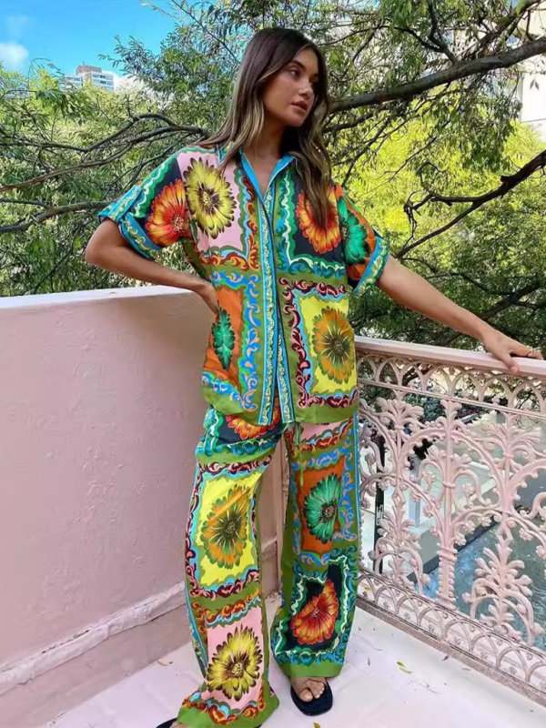 Blue Zone Planet | able personalized printed short-sleeved holiday loose two-piece set BLUE ZONE PLANET