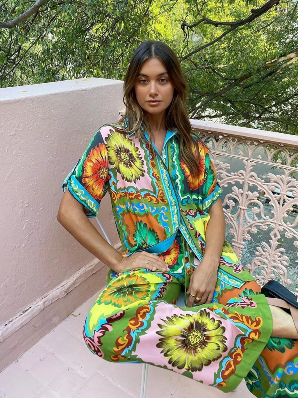 Blue Zone Planet | able personalized printed short-sleeved holiday loose two-piece set BLUE ZONE PLANET