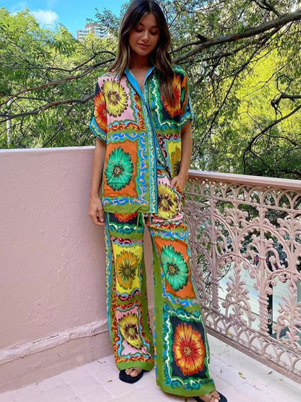 Blue Zone Planet | able personalized printed short-sleeved holiday loose two-piece set BLUE ZONE PLANET