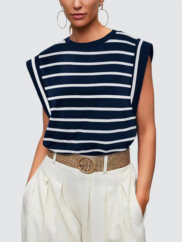 Blue Zone Planet | round neck loose short sleeve T-shirt striped top BLUE ZONE PLANET