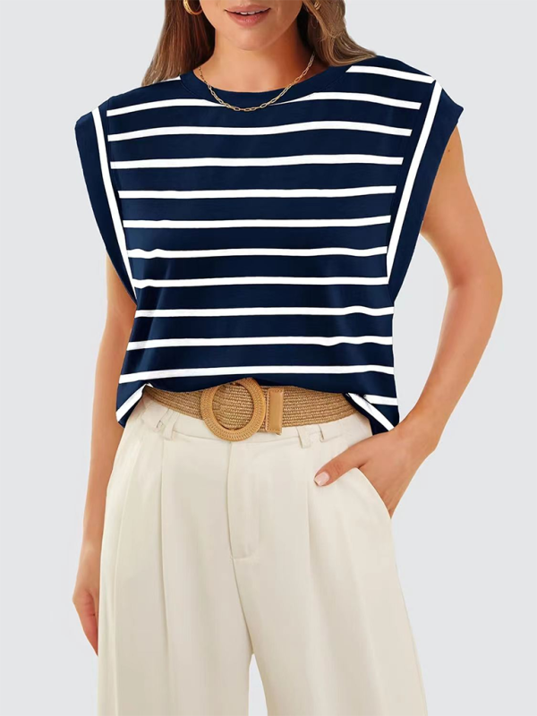 Blue Zone Planet | round neck loose short sleeve T-shirt striped top BLUE ZONE PLANET