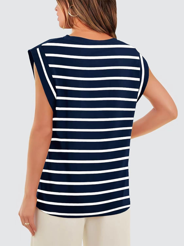Blue Zone Planet | round neck loose short sleeve T-shirt striped top BLUE ZONE PLANET
