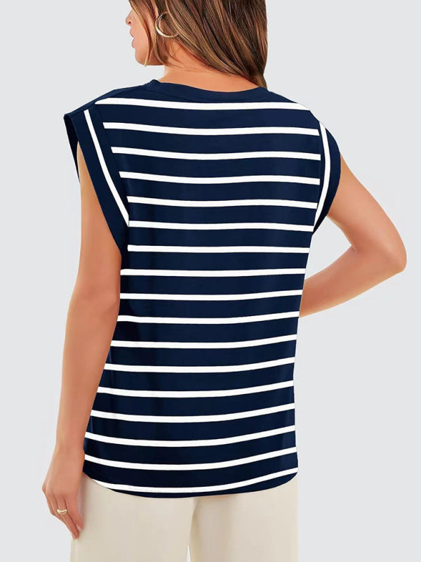 Blue Zone Planet | round neck loose short sleeve T-shirt striped top BLUE ZONE PLANET