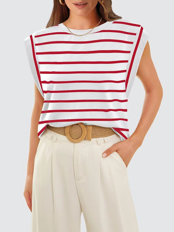 Blue Zone Planet | round neck loose short sleeve T-shirt striped top BLUE ZONE PLANET