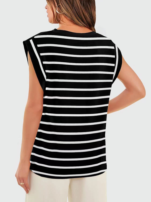 Blue Zone Planet | round neck loose short sleeve T-shirt striped top BLUE ZONE PLANET