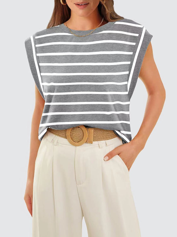 Blue Zone Planet | round neck loose short sleeve T-shirt striped top BLUE ZONE PLANET