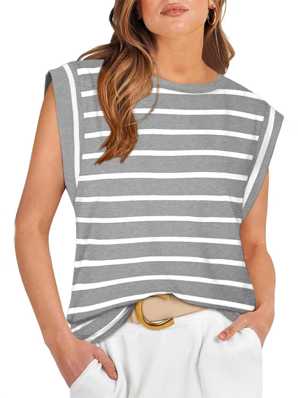 Blue Zone Planet | round neck loose short sleeve T-shirt striped top BLUE ZONE PLANET