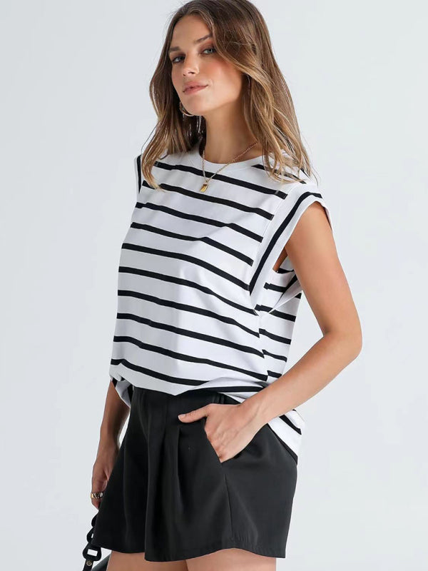 Blue Zone Planet | round neck loose short sleeve T-shirt striped top BLUE ZONE PLANET