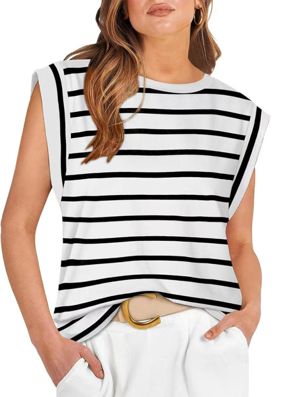 Blue Zone Planet | round neck loose short sleeve T-shirt striped top BLUE ZONE PLANET