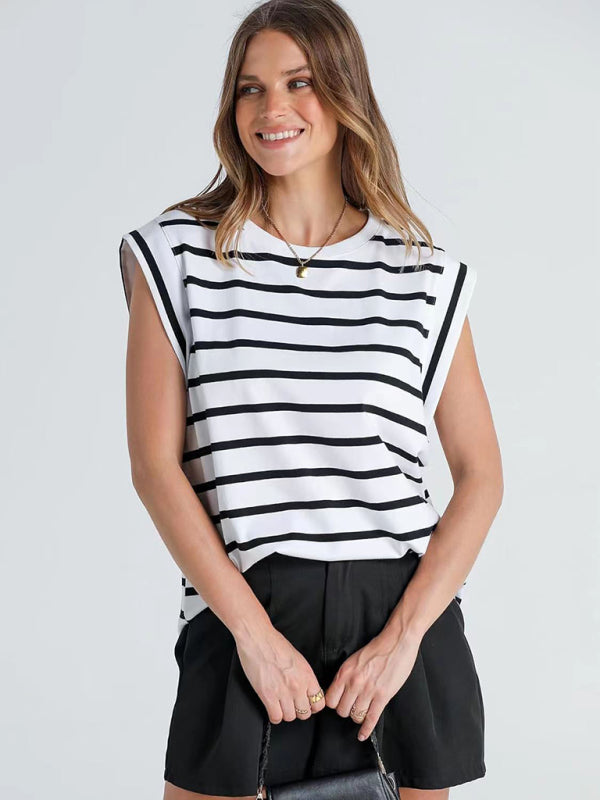 Blue Zone Planet | round neck loose short sleeve T-shirt striped top BLUE ZONE PLANET