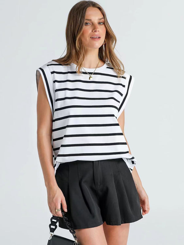 Blue Zone Planet | round neck loose short sleeve T-shirt striped top BLUE ZONE PLANET
